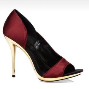C Label Gaea Burgundy Satin & Gold Peep Toe D'Orsay Pump Size 8.5 - (NWT)